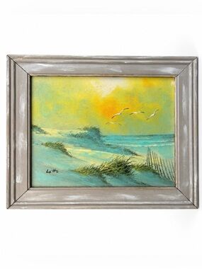 Framed Oil Painting Seascape Wall Art Blue Yellow by Lotto Wood Frame 10” x 12”
